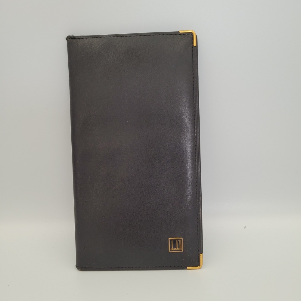 Dunhill Mens Black Leather Long Bifold Wallet Gold Corner Accents Made in Spain